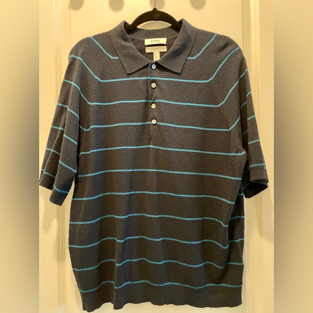 COS Men's Polo Shirt in Black & Teal Stripes